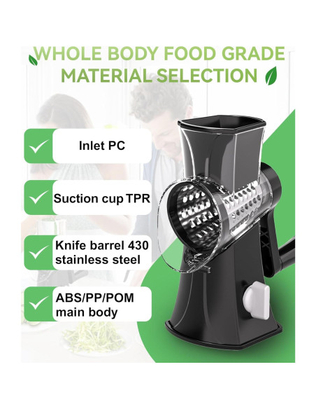 Rallador de Queso MERIOR con Manivela y 3 Cuchillas Inox