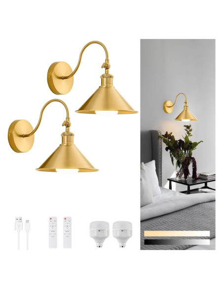 Aplique de Pared Inalámbrico Pillctvel Dorado - Juego de 2 Luces LED