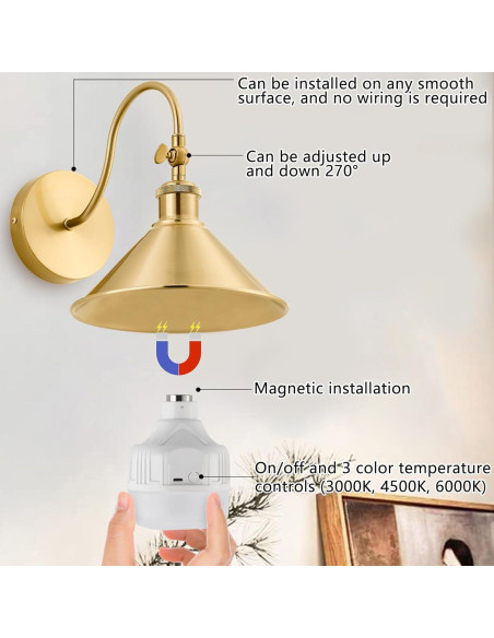 Aplique de Pared Inalámbrico Pillctvel Dorado - Juego de 2 Luces LED