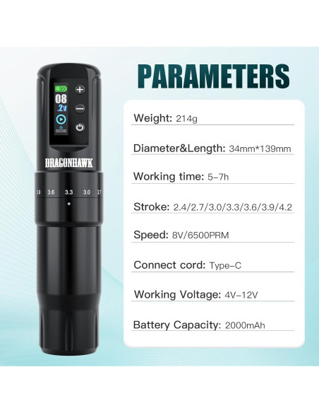 Máquina de Tatuaje Dragonhawk Atom2 Pro Sin Cable 139mm 214g