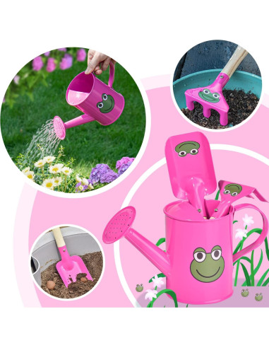 Juego de Jardinería Pequeño Sungmor - Regadera Rosa, Pala y Rastrillo
