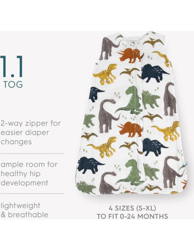 Saco de Dormir Muselina Algodón Amigos Dino 0-6 Meses 1.1 TOG