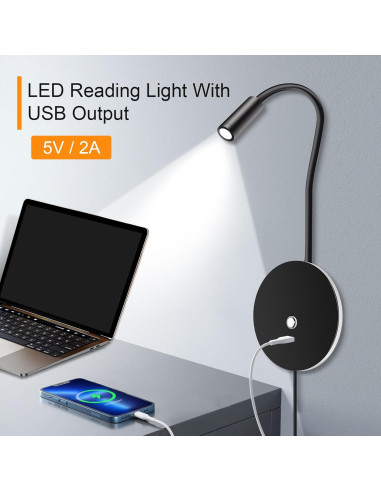 Luz de Lectura de Pared ERAY con USB y 3 Temperaturas - Paquete de 2