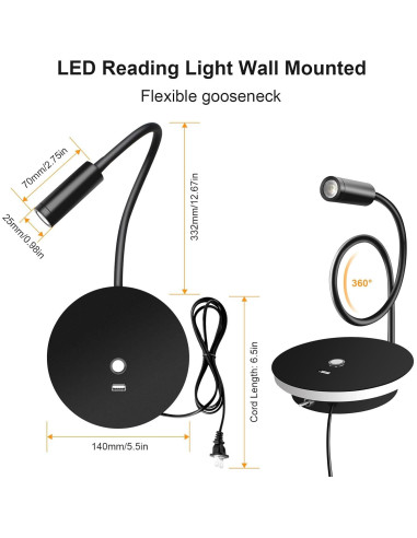 Luz de Lectura de Pared ERAY con USB y 3 Temperaturas - Paquete de 2