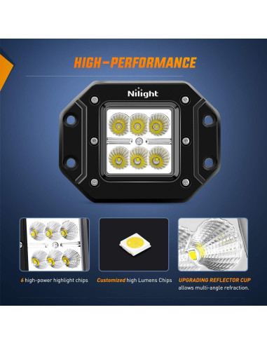 Nilight 2PCS 18W Luz de Trabajo LED Inundación Montaje Empotrado
