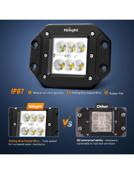 Nilight 2PCS 18W Luz de Trabajo LED Inundación Montaje Empotrado