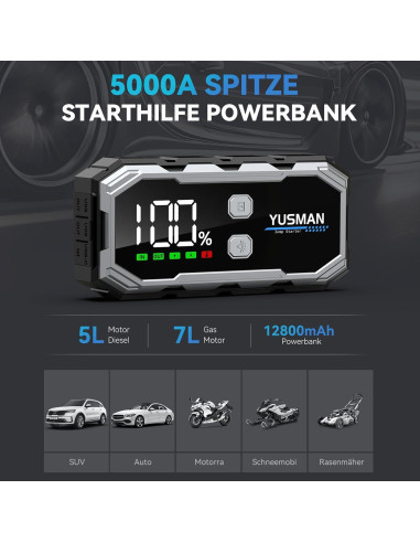 Arrancador de Salto YUSMAN 5000A 12V Portátil con Luz LED