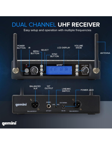 Sistema de Micrófono Inalámbrico Gemini Sound UHF-6200HL - 2 Micrófonos