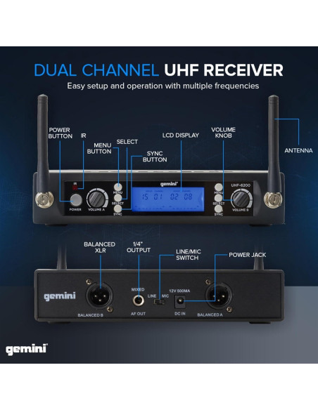 Sistema de Micrófono Inalámbrico Gemini Sound UHF-6200HL - 2 Micrófonos