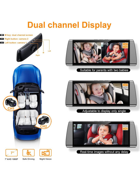 Cámara de Auto para Bebés BOEYOS BM300 - Pantalla 7" HD 1080P