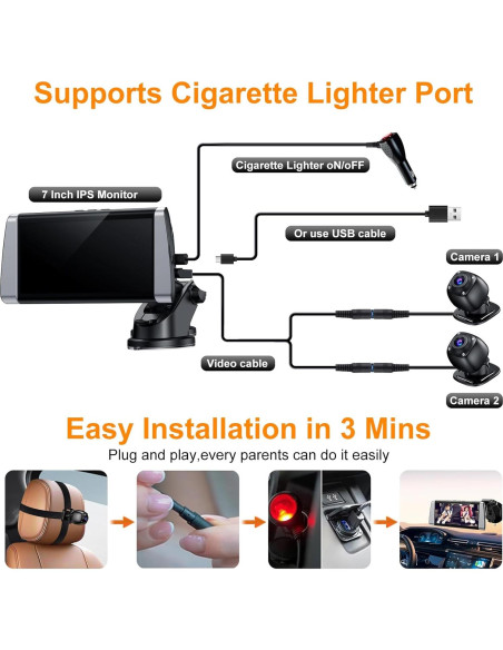 Cámara de Auto para Bebés BOEYOS BM300 - Pantalla 7" HD 1080P