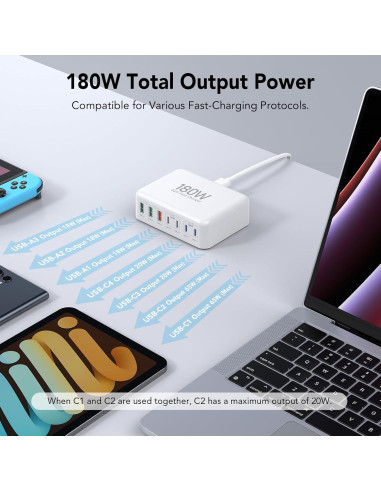 Cargador Rápido USB C KENUBI 180W 7 Puertos PD Estación