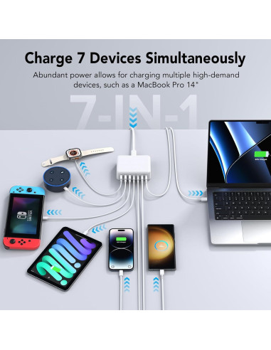 Cargador Rápido USB C KENUBI 180W 7 Puertos PD Estación