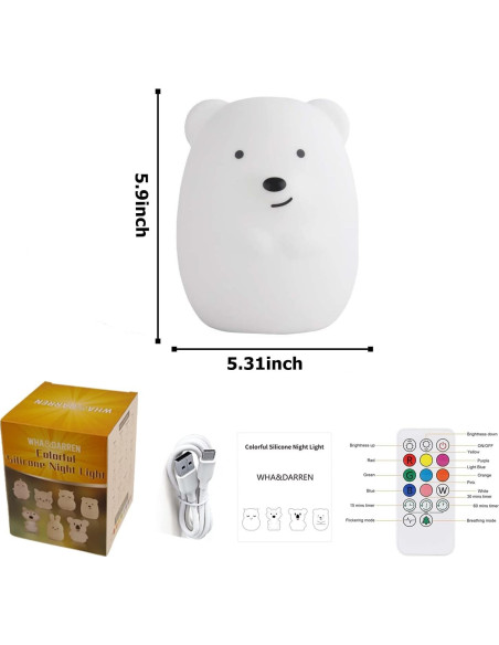 Luz Nocturna Oso Grande WHA&DARREN para Niños, Silicona, Control Remoto