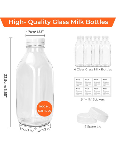 Botellas de Leche de Vidrio DHSBTLS 1L 4 Pcs Reutilizables