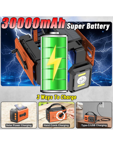 Radio de Emergencia NOAA 30000mAh Manivela Solar Naranja