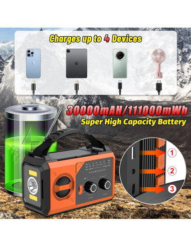 Radio de Emergencia NOAA 30000mAh Manivela Solar Naranja