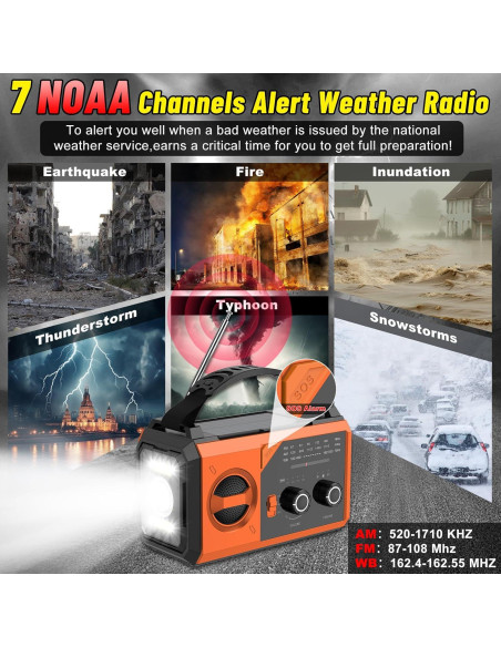 Radio de Emergencia NOAA 30000mAh Manivela Solar Naranja