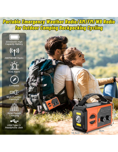 Radio de Emergencia NOAA 30000mAh Manivela Solar Naranja