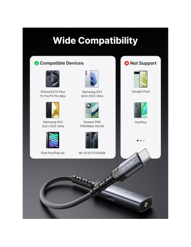 Adaptador JSAUX USB C a 3.5mm con Carga Rápida 60W - Negro