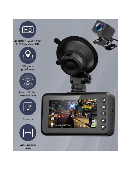 Cámara Dash Dual 4K HUBANFLY con GPS y 64GB - Negro