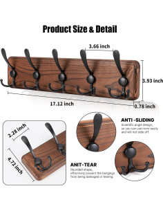 Perchero de pared rústico Gohiuo con 5 ganchos triples 2