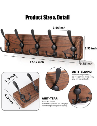 Perchero de pared rústico Gohiuo con 5 ganchos triples