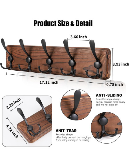 Perchero de pared rústico Gohiuo con 5 ganchos triples Perchero de pared rústico Gohiuo con 5 ganchos triples