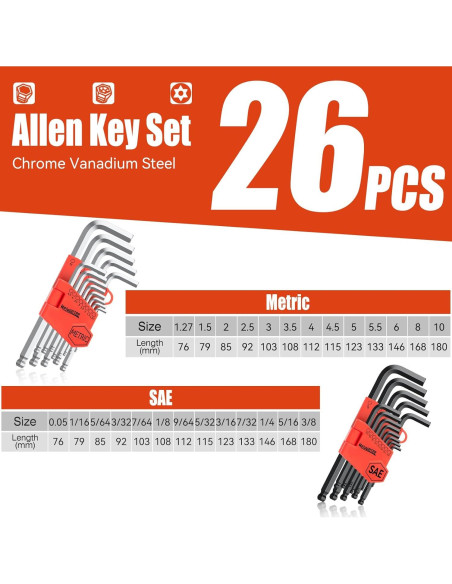 Juego de Llaves Allen Meiwaltee 26PCS Métrico y SAE 1.27-10mm