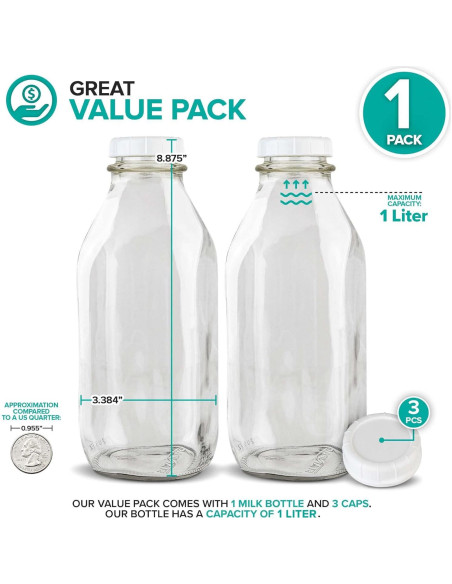 Botella de Leche de Vidrio Almacena Tu Hogar 1L con Tapa