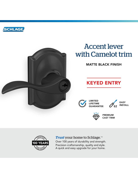 Palanca de Entrada con Llave SCHLAGE Camelot Negro Mate - 8 Unidades