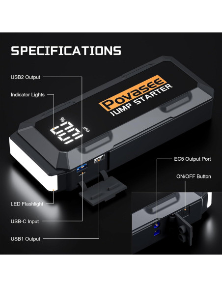 Arrancador de Salto Povasee A20 4000A 12V con Pantalla LCD