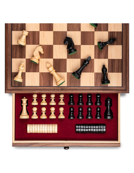 Juego de Ajedrez de Madera A&A 15" con Cajón y Piezas Pesadas