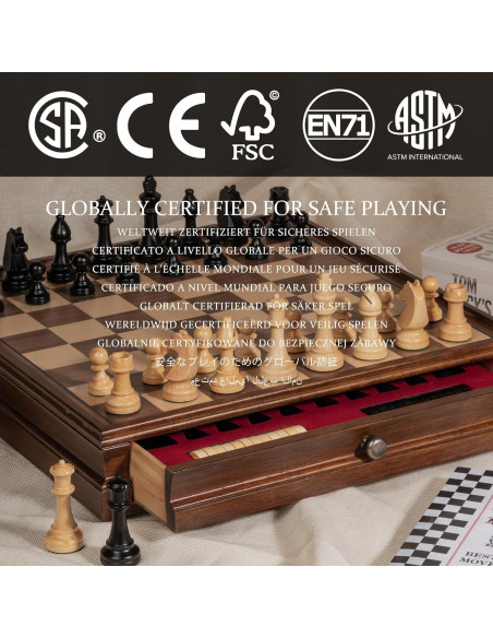 Juego de Ajedrez de Madera A&A 15" con Cajón y Piezas Pesadas