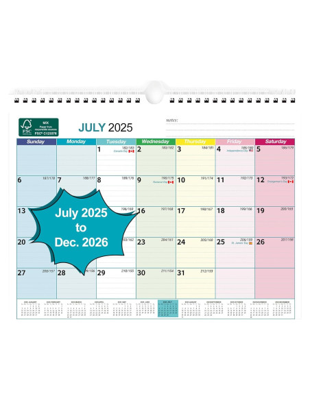 Calendario de Pared Povee 2025-2026 - 18 Meses 33x24.4 cm