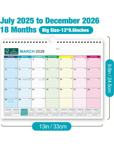Calendario de Pared Povee 2025-2026 - 18 Meses 33x24.4 cm