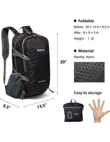 Mochila Plegable 40L Vimapo de Nylon Ripstop Negra