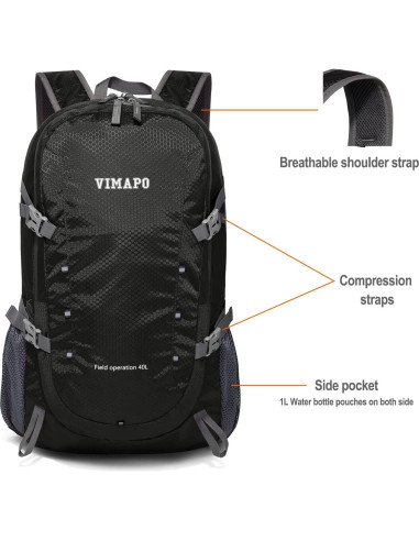 Mochila Plegable 40L Vimapo de Nylon Ripstop Negra