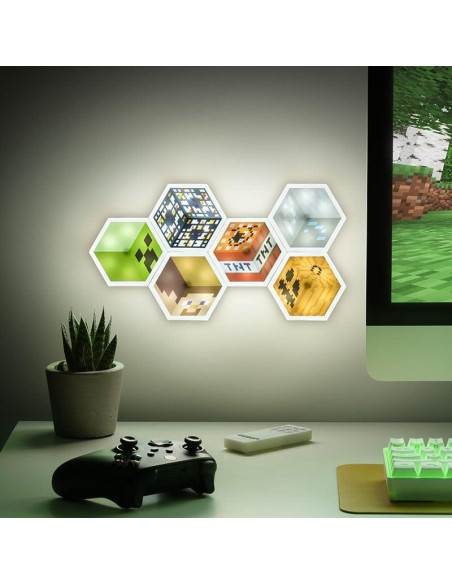 Luz Hexagonal LED Paladone Minecraft - 6 Piezas, Control Remoto Luz Hexagonal LED Paladone Minecraft - 6 Piezas, Control Remoto
