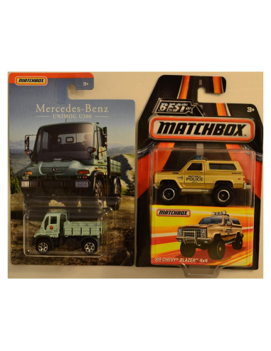 Paquete de 2 coches Matchbox Unimog U300 y Blazer 4x4
