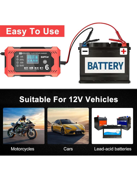 Cargador de Batería 12V EAFCar 6A Automático con LCD