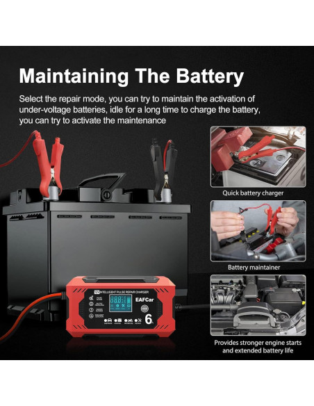 Cargador de Batería 12V EAFCar 6A Automático con LCD
