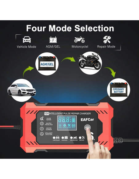 Cargador de Batería 12V EAFCar 6A Automático con LCD