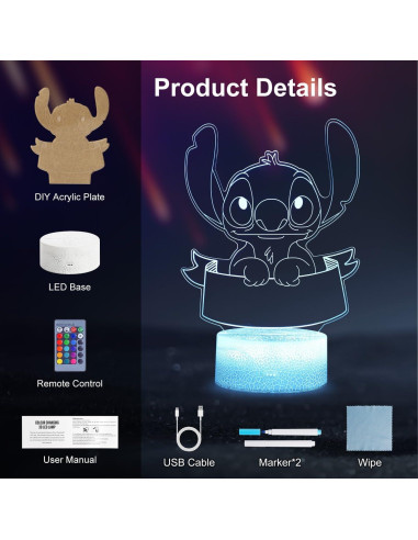 Luz Nocturna 3D Personalizada Hoofun con Control Remoto 16 Colores