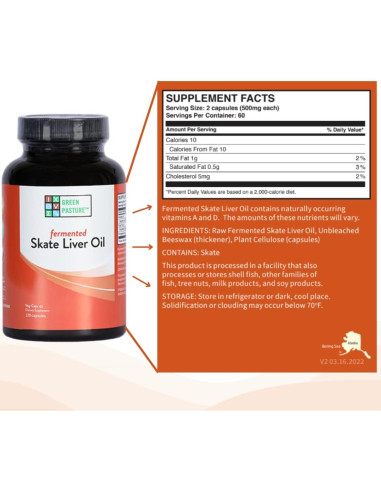 Aceite de Hígado de Raya Fermentado Green Pasture - 120 Cápsulas