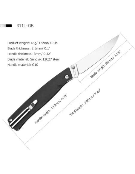 Cuchillo Plegable Sanrenmu 311L 80mm Acero 12C27 Mango G10 Negro
