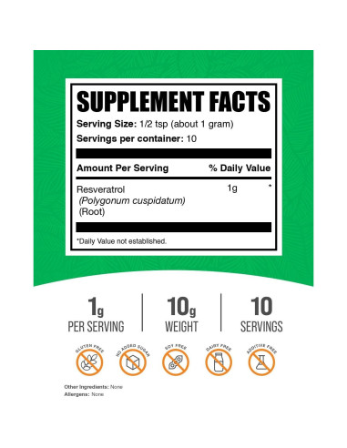 Polvo de Resveratrol BulkSupplements 10g - Antioxidante Natural