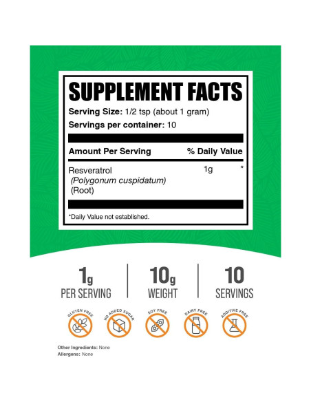Polvo de Resveratrol BulkSupplements 10g - Antioxidante Natural