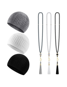 Conjunto de Gorras Kufi y Cuentas de Oración Musulmana Jiuguva