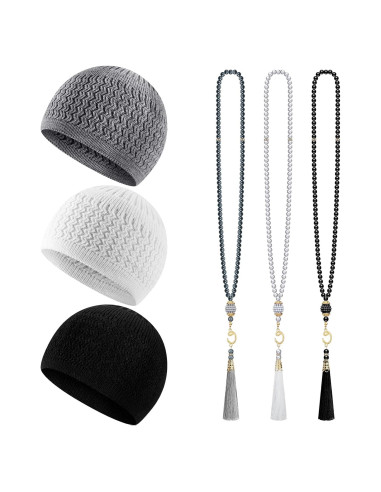 Conjunto de Gorras Kufi y Cuentas de Oración Musulmana Jiuguva